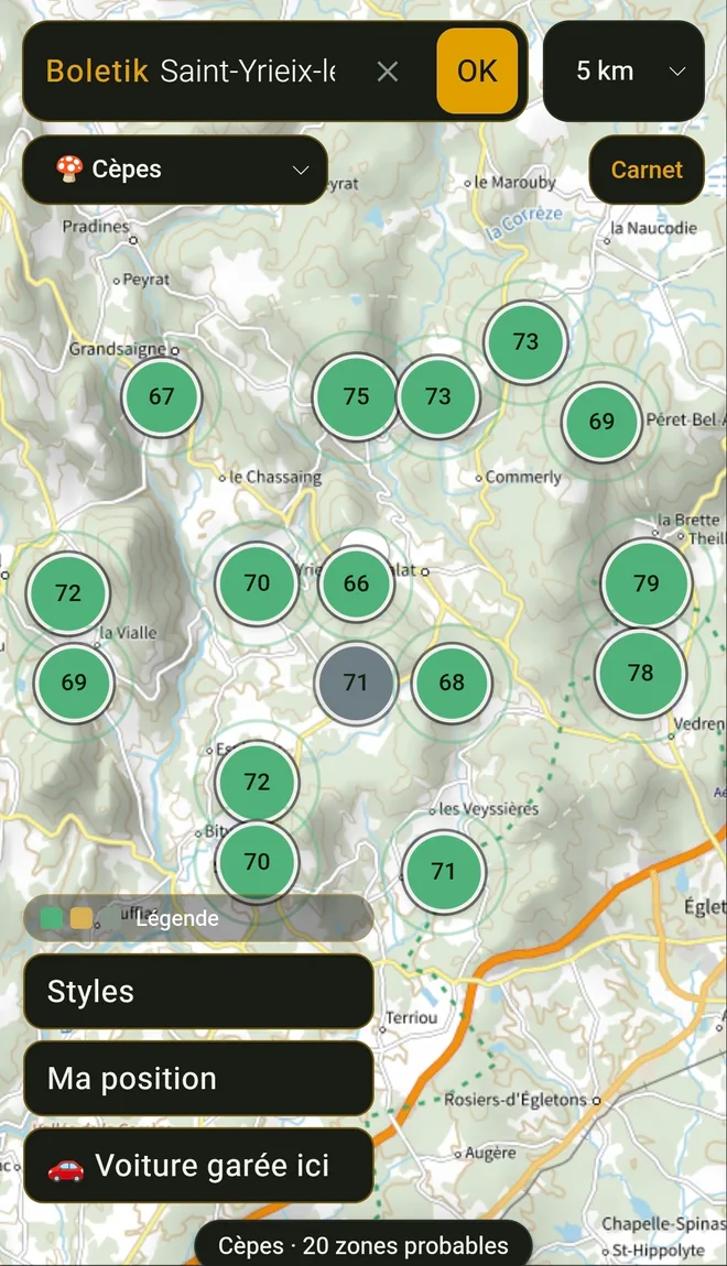 L'app Boletik ouverte sur la carte autour de Saint-Yrieix-le-Déjalat, en Corrèze : 20 zones probables pour les cèpes, chacune notée selon la météo réelle et le terrain.